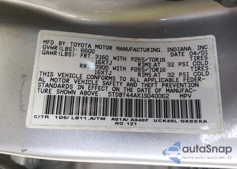 2001 Toyota Sequoia Sr5 V8 z USA, uszkodzony, nr VIN 5TDBT44AX1S040062